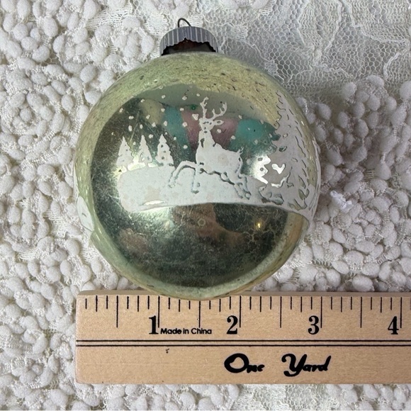 Shiny Brite Christmas Light Green Mercury Glass Stenciled Ornament Vintage Deer - Picture 6 of 6